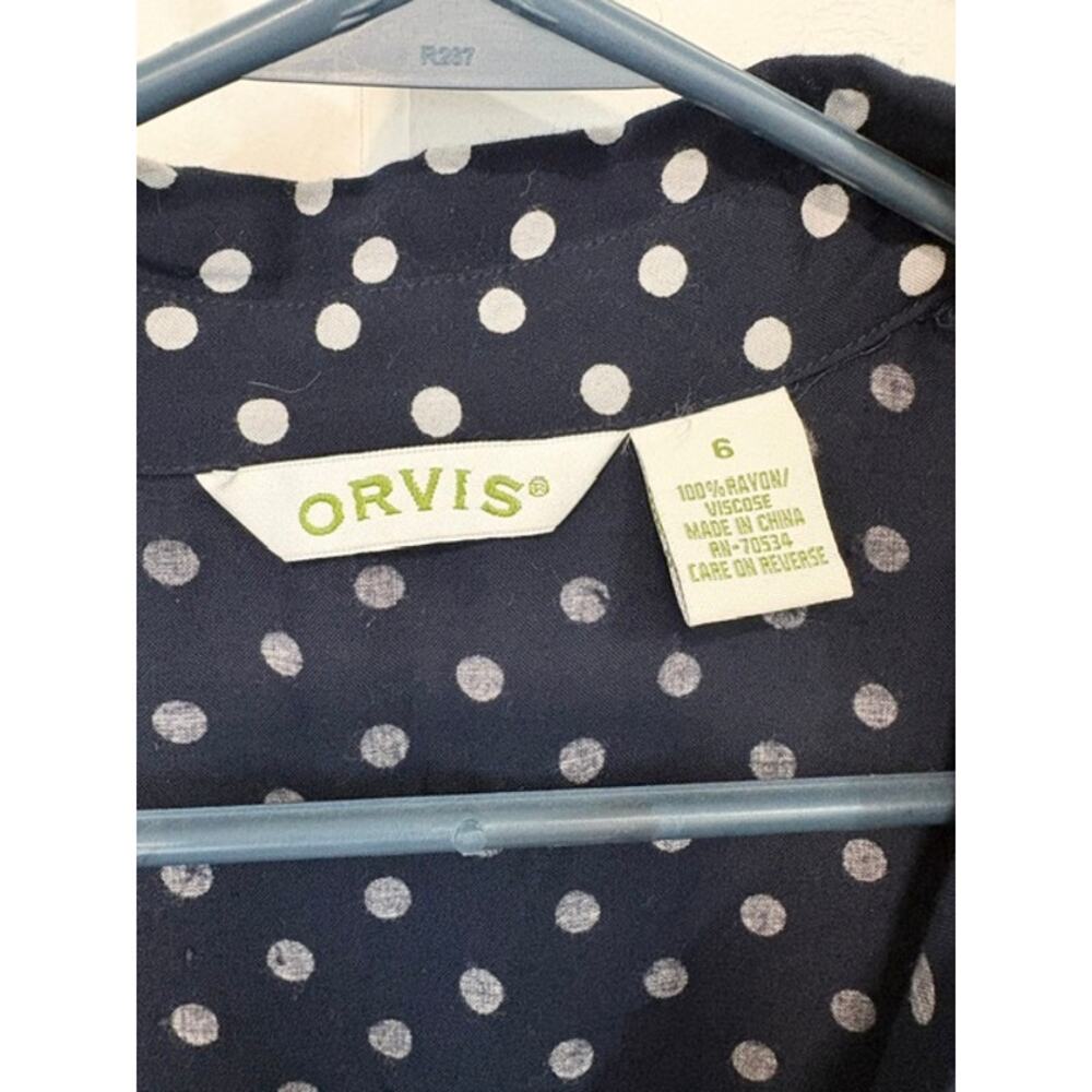Orvis Polka Dot Midi Shirt Dress Size 6 Navy Blue Rayon Button Front Pockets - Picture 10 of 13